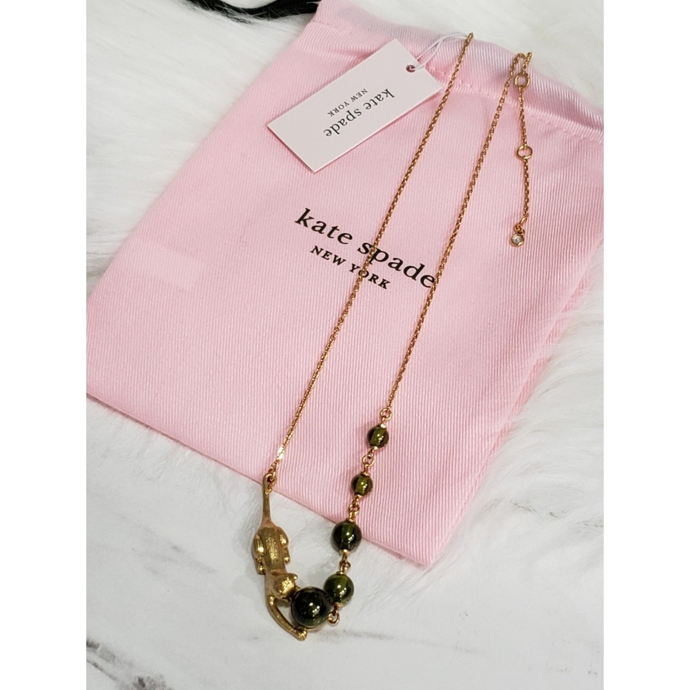 Kate Spade New York House Cat Peridot Green Necklace WBRUH636 Gold Tone NEW